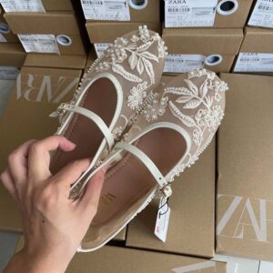 za embroidered pearl mesh ballet shoes women's fashion mesh round toe flat buckle strap mary jane women's single shoes