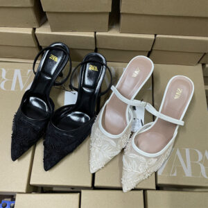 za新款白色刺绣网纱尖头细高跟凉鞋女穆勒鞋婚鞋气质包头后空女鞋