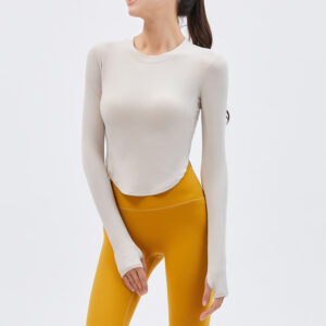2025 new ribbed sports top women's chest cushion fitness wear nude running long sleeve tight slimming yoga suit