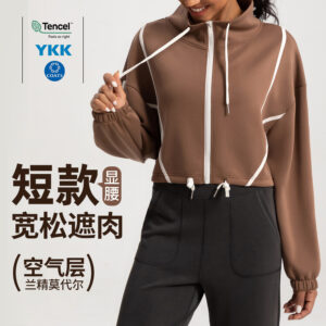 new sandwashed air layer yoga jacket women's modal short loose slimming sports long sleeved zipper top