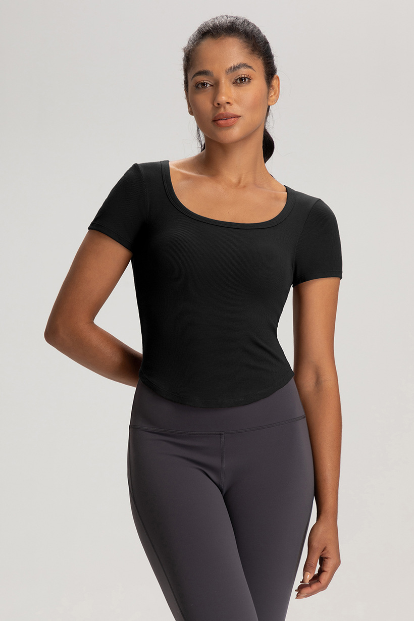 Cross-border European and American summer yoga clothes, women's belts, chest pads, beautiful backs, short sleeves, T-shirts, breathable sports, running, fitness tops O1CN014ANkUv26MNkrtK5Vs 2201111757647 0 Cib