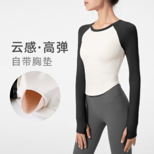 yoga clothes long sleeve women 2025 new tight color blocking top with chest pad t shirt sports running training fitness clothes