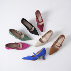 cross border plus size stiletto heels black suede solid color one line strap stewardess women's single shoes pointed toe fashion work shoes