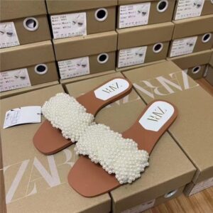 za family 2025 autumn new women's sandals square toe pearl one line flat slippers women's pearl princess sandals