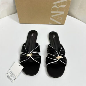 za2026 summer new women's shoes black and white stitched satin fashion metal buckle bow versatile flat sandals