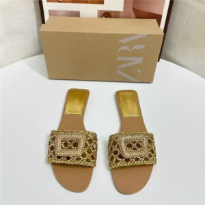 za2025 autumn new french woven hollow slippers feminine sandals round toe open toe one line flat shoes