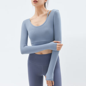 european and american new yoga wear women's long sleeve t shirt nude tight with chest pad gym clothes beautiful back running sports top