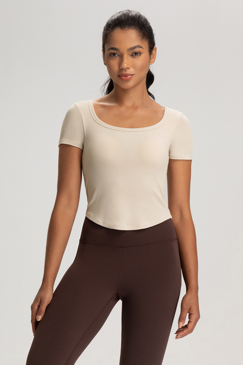 Cross-border European and American summer yoga clothes, women's belts, chest pads, beautiful backs, short sleeves, T-shirts, breathable sports, running, fitness tops O1CN016kaXNi26MNlOtAu9R 2201111757647 0 Cib