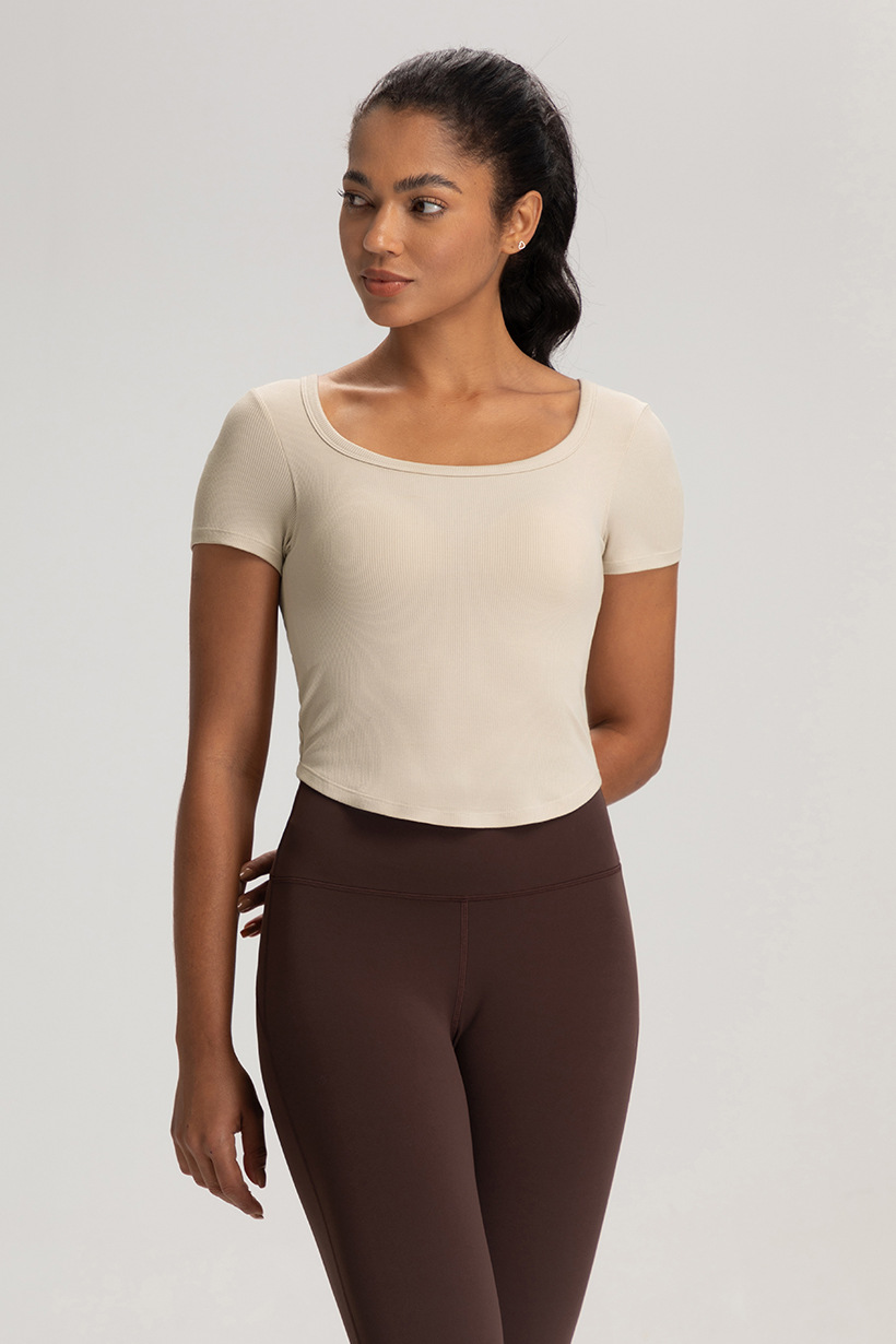 Cross-border European and American summer yoga clothes, women's belts, chest pads, beautiful backs, short sleeves, T-shirts, breathable sports, running, fitness tops O1CN017yng4y26MNlPnXdrS 2201111757647 0 Cib