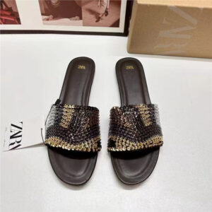 za home 2025 autumn new women's shoes beaded flat fashion sandals casual wear color blocked one line women's shoes