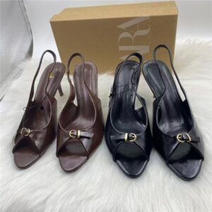 za2025 new women's shoes pointed toe open toe stiletto heels burgundy elegant belt buckle strap sandals