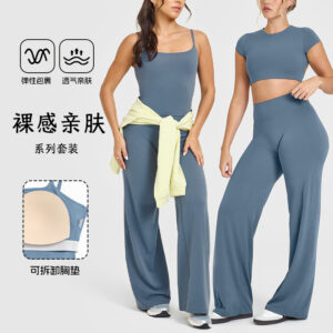 outdoor sports yoga clothes short sleeve vests yoga pants set women's fitness pilates comfortable high end straight leg pants
