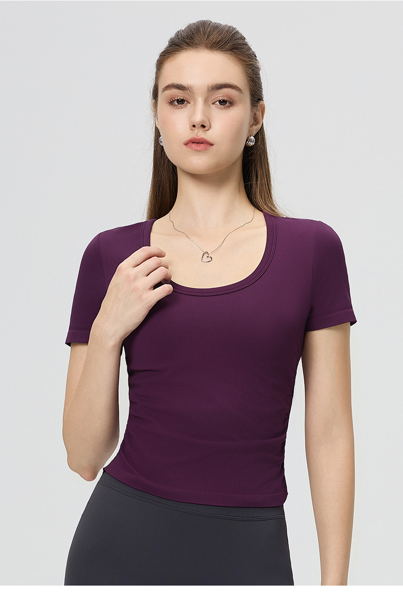 Cross-border, European, American, spring and summer, with chest pads, waist-shirring, shirring, short-sleeved T-shirts, slim and comfortable, casual fitness yoga tops O1CN01C2OjXk24Pvdr6N5Tn 3324387384 0 Cib
