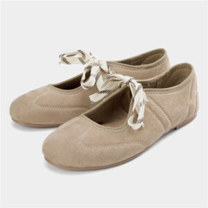 za2025 fall new women's shoes beige brown suede lace up ballet flats single shoe front lace up
