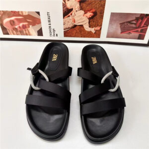 za2025 autumn new casual versatile platform flat straight line with cross rhinestone bright buckle back empty half slip sandals