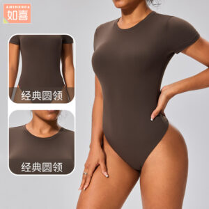 underneath a short sleeved t shirt, a one piece with a concealed button, a sports tight fitting butt lift, a base shirt, yoga wear, and sskimsk shapewear