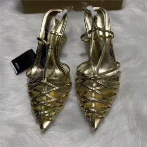za2025 fall new french gold pointed toe braided hollow stiletto mules back trip strap women's shoes