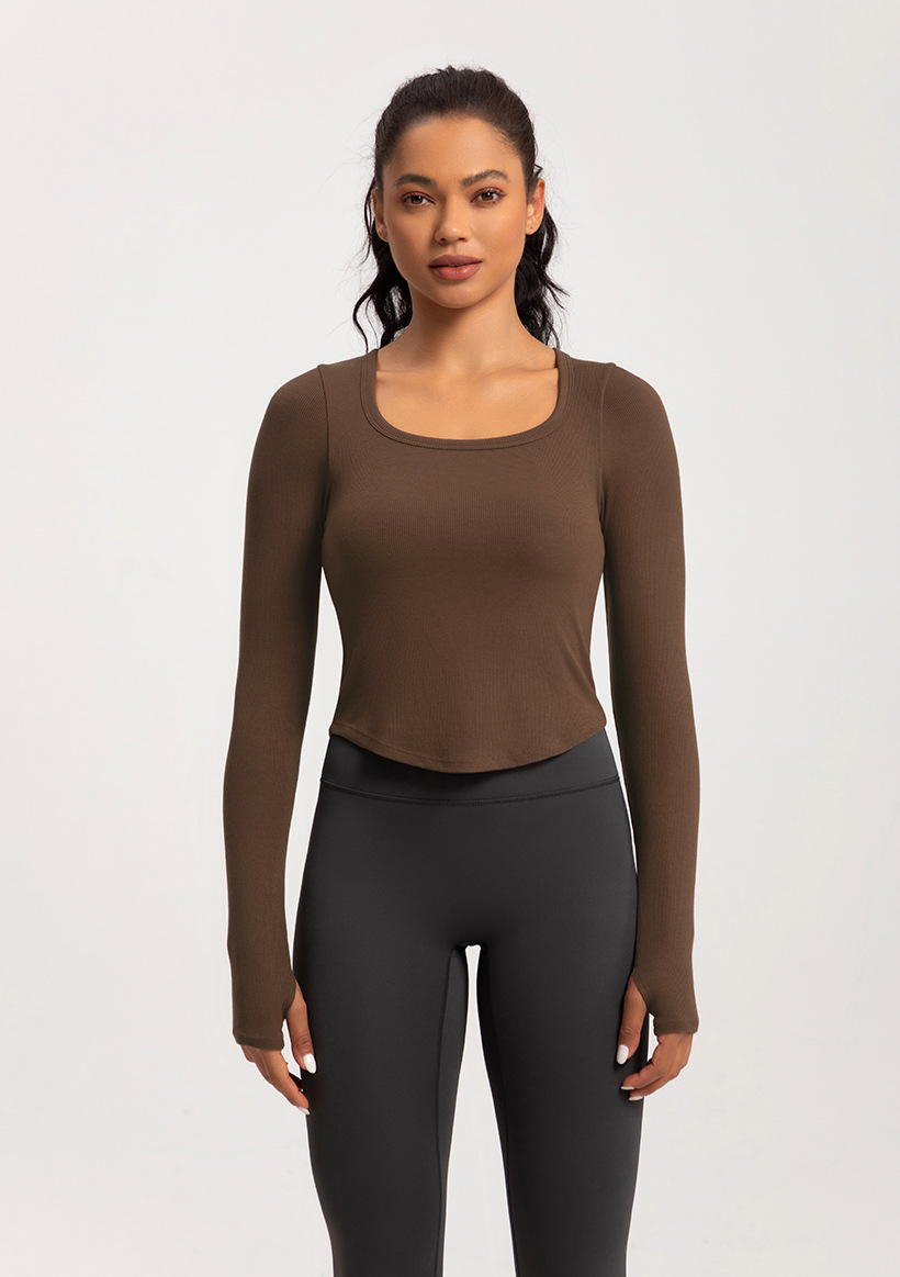 European and American yoga clothes women's new sports running square neck fitness clothes nude tight long sleeves with chest pads T-shirt top O1CN01H62fPg26MNhnunane 2201111757647 0 Cib
