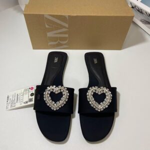 za2025 autumn new women's shoes rhinestone open toe flat outer sandals women's metal heart buckle beach shoes women's women