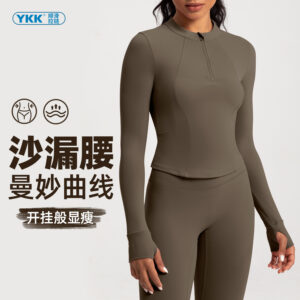 cross border new yoga wear women's stand collar half zipper slim slim sports long sleeve t shirt running gym wear top