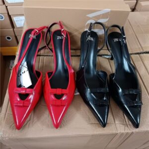za2025 autumn new women's shoes french red pointed toe bow high heels stiletto heel toe back hollow sandals for women
