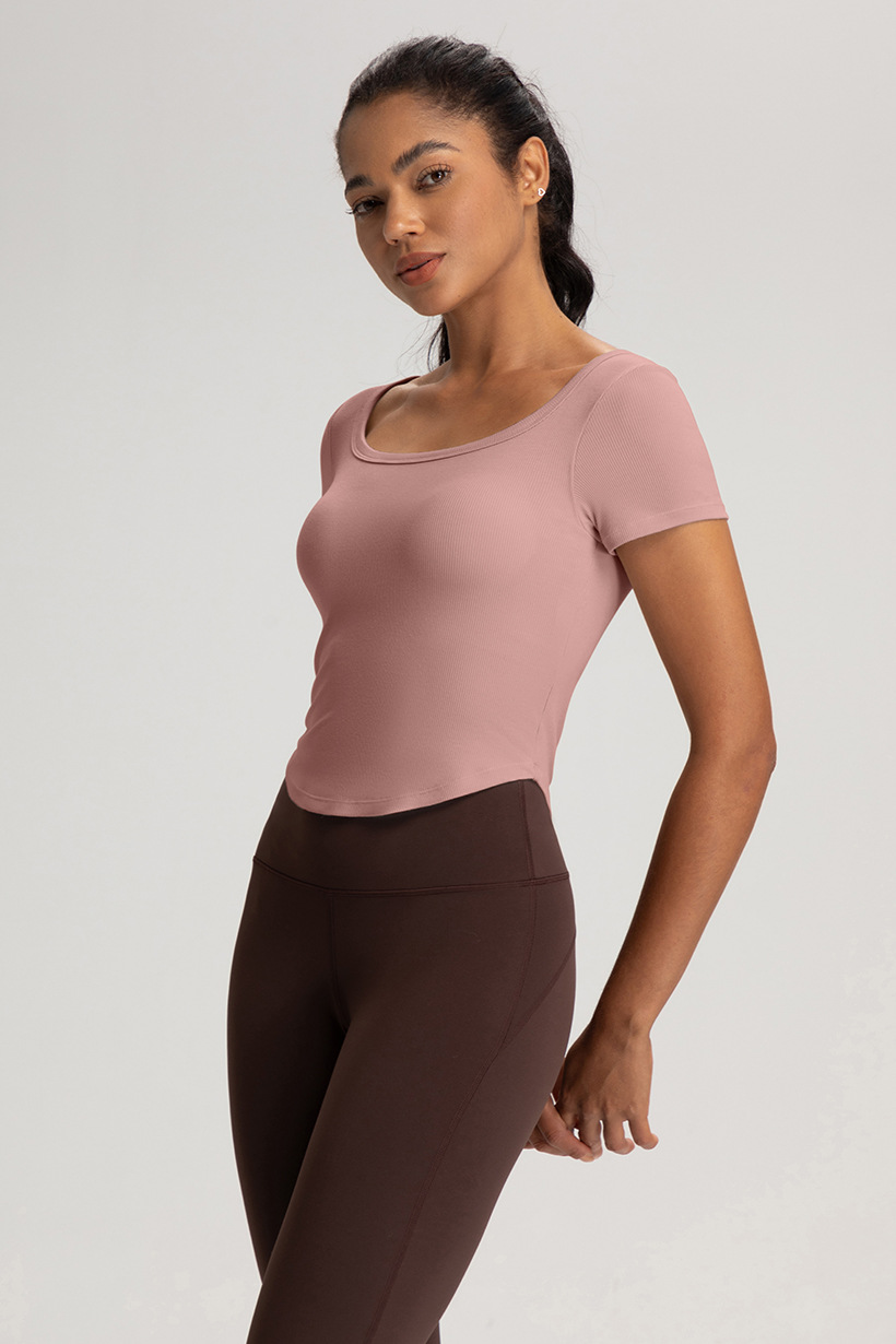 Cross-border European and American summer yoga clothes, women's belts, chest pads, beautiful backs, short sleeves, T-shirts, breathable sports, running, fitness tops O1CN01Mbid1g26MNku4CqIj 2201111757647 0 Cib