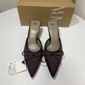 za2025 autumn new pointed toe small thin strap bow decoration high heeled mules shallows half slip back empty single shoes women
