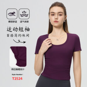 cross border, european, american, spring and summer, with chest pads, waist shirring, shirring, short sleeved t shirts, slim and comfortable, casual fitness yoga tops