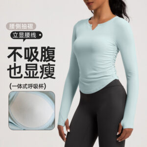 autumn and winter new yoga wear women's all in one with chest pad v neck sports long sleeve skinny t shirt running gym wear top