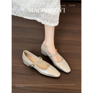 wool easy" sheepskin version ~ retro slotted buckle square toe soft soled leather block heel shoes mary jane women's shoes