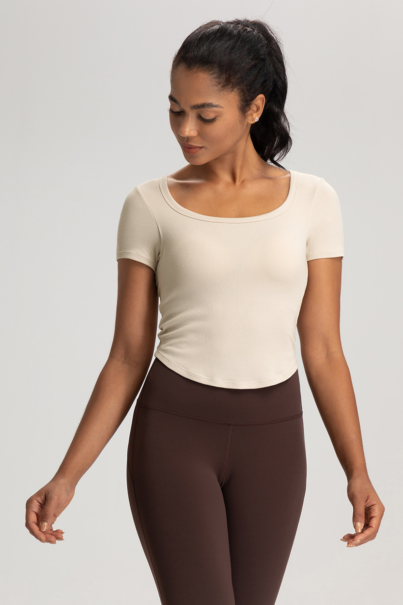 Cross-border European and American summer yoga clothes, women's belts, chest pads, beautiful backs, short sleeves, T-shirts, breathable sports, running, fitness tops O1CN01UPVnYV26MNkttf60z 2201111757647 0 Cib
