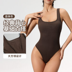 european and american one piece yoga clothes women's seamless fitness beauty back sleeveless square neck bodysuit air skims