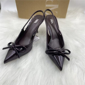 za family autumn 2025 new brown patent leather pointed bow sandals women's french spools stiletto heels women