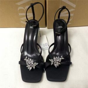 za2025 autumn new rhinestone buckle high heeled sandals square toe straight cross buckle back buckle strap open toe