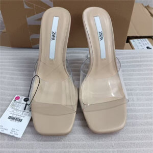 za2026 transparent special heeled sandals women's rubber thick heel leather one line high heels low heel wedge anti slip