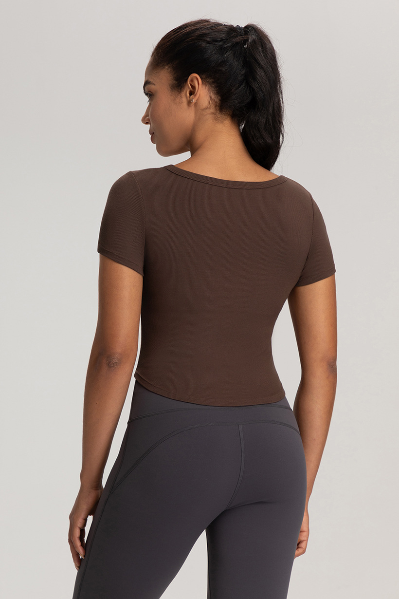 Cross-border European and American summer yoga clothes, women's belts, chest pads, beautiful backs, short sleeves, T-shirts, breathable sports, running, fitness tops O1CN01aP4VXa26MNkv1YZ0N 2201111757647 0 Cib