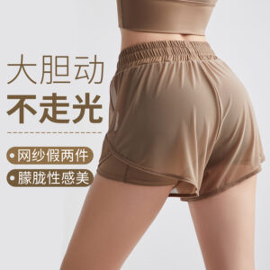mesh fake two piece yoga shorts women's high waist drawstring running fitness anti walking light loose athleisure cycling pants