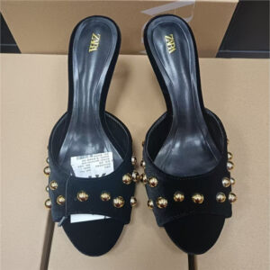 za2025 autumn new black suede metal rivet open toe thin heel back air quality versatile high heel straight word