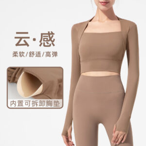 yoga clothes shawl fake two pieces women's 2025 new nude u shaped long sleeve t shirt with chest pad sports fitness wear top
