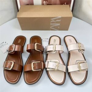 za2025 autumn new metal buckle one line with open toe roman vintage flat versatile casual holiday sandals