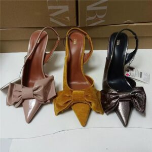 za2025 fall new bow decoration pointed toe pump stiletto heel back tripband sandals side air super high heels low heels