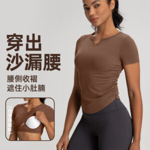 summer new sports short sleeve t shirt women's belt chest cushion slim v neck pleated fitness top running sports yoga wear
