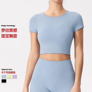 gym wear with chest pads, short sleeves, sports running, short yoga clothes, tops, integrated fixed cup, training yoga clothes