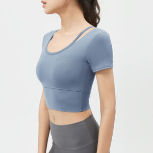 2025 spring/summer new yoga wear women's short sleeves with chest pads and navel baring back sports t shirts running fitness tops