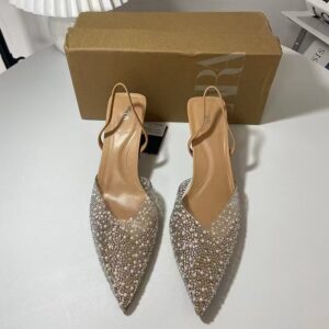 za2025 autumn new products: pointed toe stiletto heels pumps high heels for women, back hollow pearl decoration, back straps, toe sandals, women