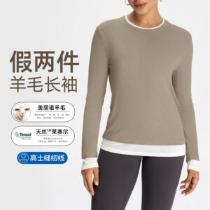 merino wool yoga suit women's fake two piece patchwork contrast long sleeve t shirt sports loose base shirt top