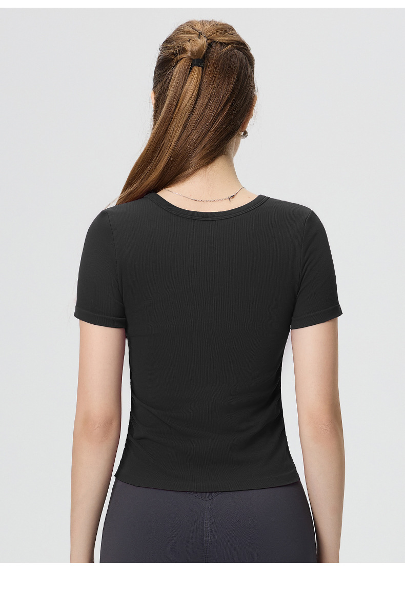 Cross-border, European, American, spring and summer, with chest pads, waist-shirring, shirring, short-sleeved T-shirts, slim and comfortable, casual fitness yoga tops O1CN01qMftKm24Pvdq5izex 3324387384 0 Cib