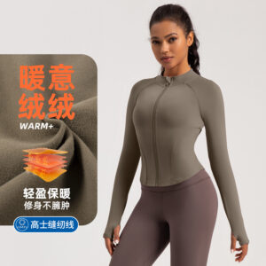 autumn and winter new stand up collar yoga coat with fleece nude slim sports zipper long sleeve running gym clothes top women