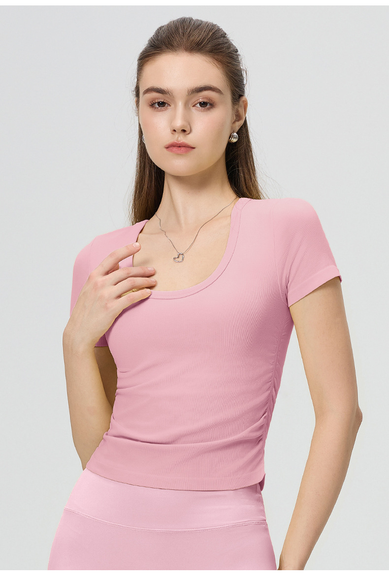 Cross-border, European, American, spring and summer, with chest pads, waist-shirring, shirring, short-sleeved T-shirts, slim and comfortable, casual fitness yoga tops O1CN01rlnHJP24Pvdr2JWgv 3324387384 0 Cib