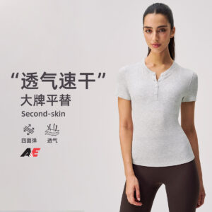 lulu henley shirt women's half open collar threaded slim short sleeve slim athletic top breathable yoga wear cropped t shirt